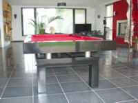 Billard contemporain Arcade laque noir pieds en arche tube inox transformable en table Le Touquet