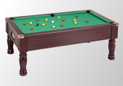 Photo et descriptif: Billard pool anglais modele monarch teinte acajou tapis vert laine.