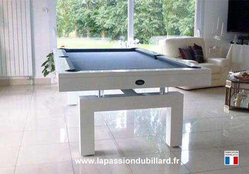 Photo et descriptif: Billard contemporain Arcade laque blanc tapis gris ardoise