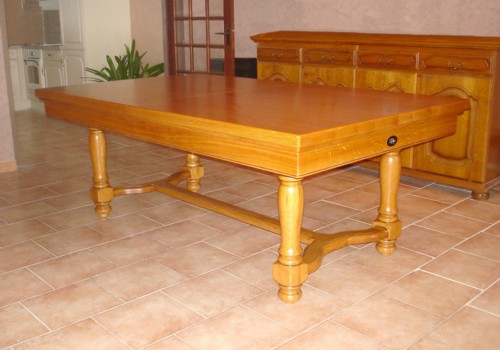 Photo et descriptif: billard lafuge castel 2m10 en chene dore avec plateau table transformable