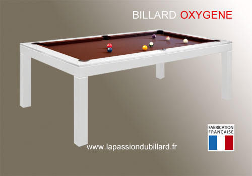 Photo et descriptif: Billard Oxygene chassis en acier laque blanc transformable en table, tapis chocolat