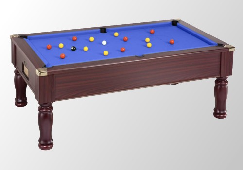 Photo et descriptif: billard anglais monarch tapis bleu teinte acajou