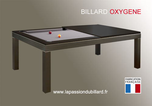 Photo et descriptif: Billard table Oxygene, la fusion du bois et de l inox, plateau teinte wenge tapis gris