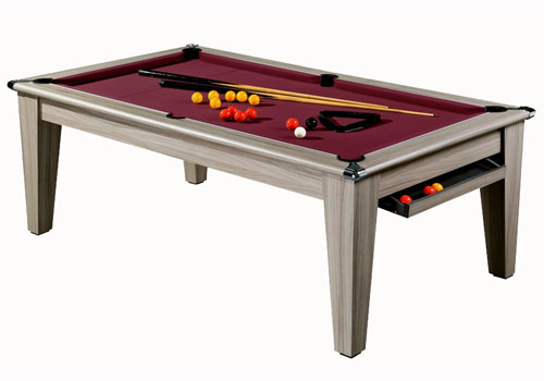 Photo et descriptif: Billard table moderne York chêne grisé tapis bordeau 