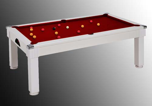 Photo et descriptif: billard transformable en table blanc tapis rouge