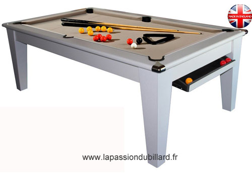 Photo et descriptif: Billard York pool Anglais blanc tapis taupe.