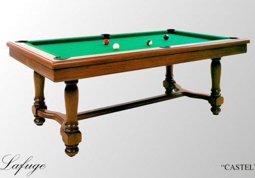 Photo et descriptif: billard americain francais Castel merisier pieds tournes avec traverse