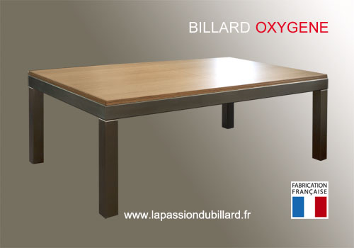 Photo et descriptif: Billard design Oxygene pieds inox plateau table chene naturel
