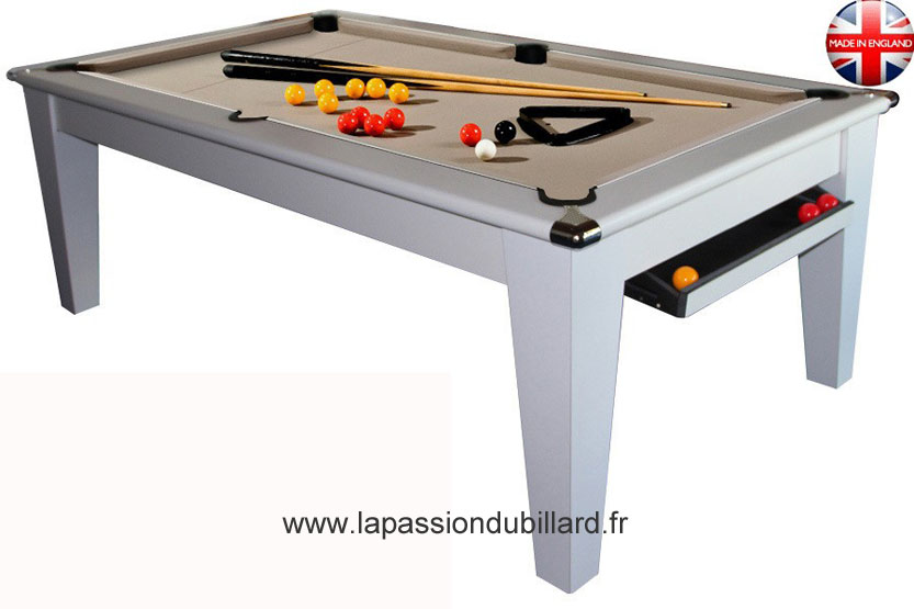 Billard York pool Anglais blanc tapis taupe.