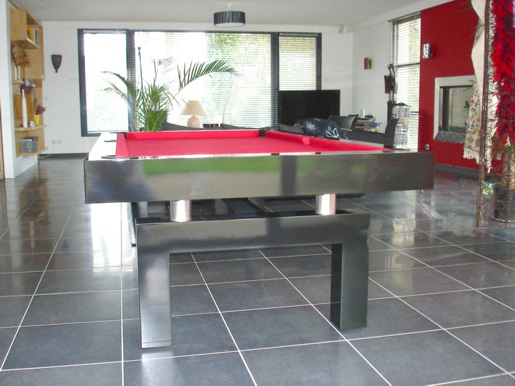Billard contemporain Arcade laque noir pieds en arche tube inox transformable en table Le Touquet