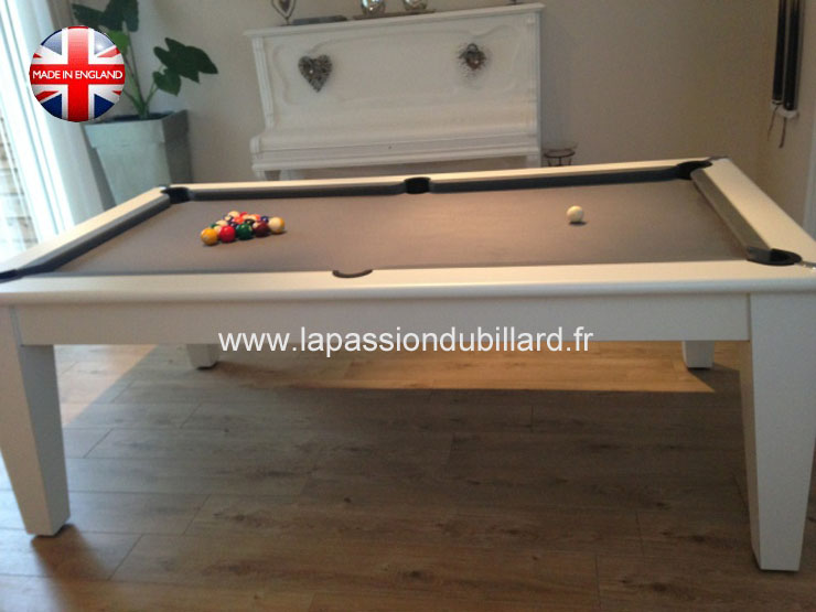 Table de billard contemporaine York blanc tapis gris.